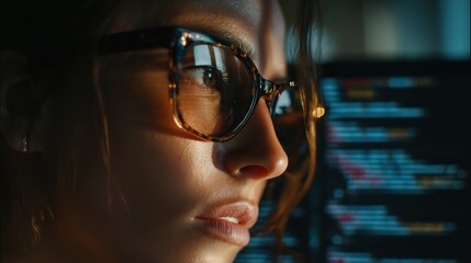 眼鏡をかけた人物が画面のプログラミングコードを集中して見つめるクローズアップ | Close-up of a person in glasses intently focused on programming code on a screen