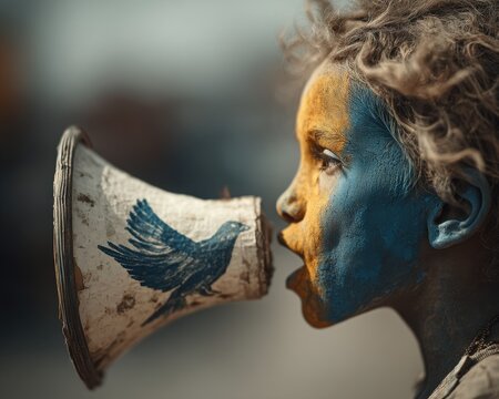 Child with Ukrainian Flag Face Paint Speaking into Megaphone with Bird Symbol: A Call for Peace - Powered by Adobe