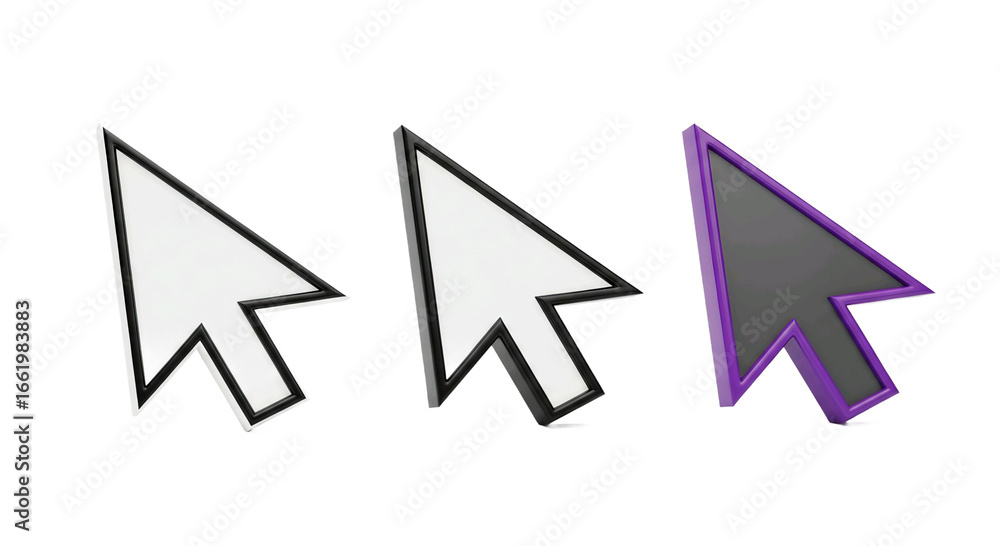 Fototapete three 3d rendered mouse cursors in different colors isolated on transparent background for web desig