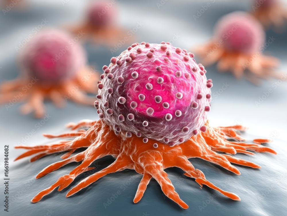 Poster a colorful drawing of cancer cells, showing their intricate structures and interactions within a bio