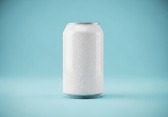 Blank white aluminum beverage can water droplets on light blue background