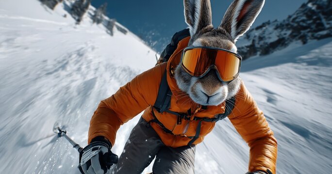 Un lapin en combinaison de ski orange avec lunettes color&eacute;es d&eacute;valant une montagne, flou de mouvement et impression de vitesse, style d'affiche publicitaire.