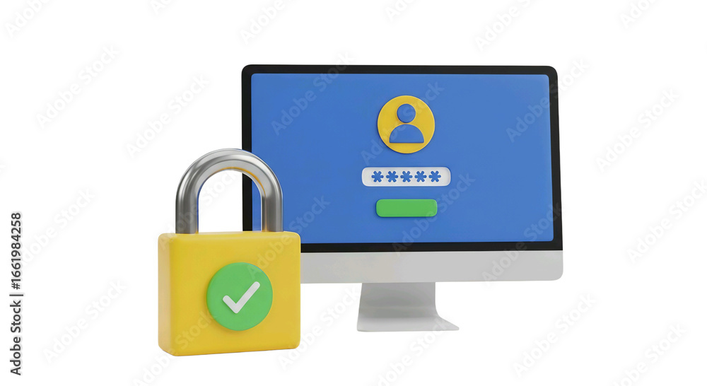 Poster computer with a lock isolated on transparent background representing security, data protection, and 