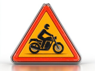 A triangular warning sign depicting a motorcyclist, indicating caution for motorcycle-related activities or traffic.