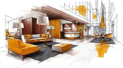 Croquis d'am&eacute;nagement int&eacute;rieur dessin&eacute;s &agrave; la main repr&eacute;sentant le hall d'un h&ocirc;tel, dans un style illustration aux tons oranges et blancs.