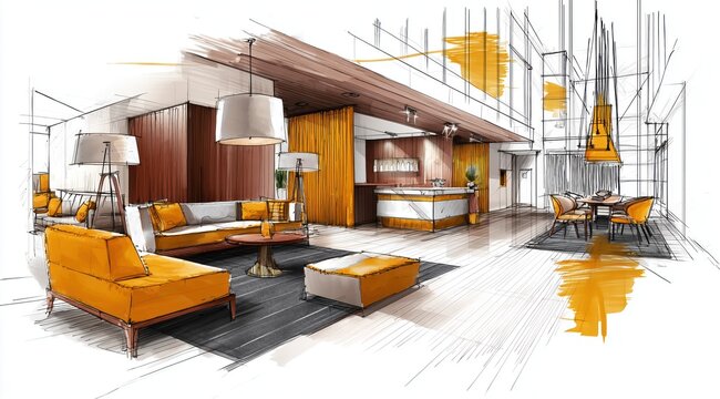 Croquis d'am&eacute;nagement int&eacute;rieur dessin&eacute;s &agrave; la main repr&eacute;sentant le hall d'un h&ocirc;tel, dans un style illustration aux tons oranges et blancs.