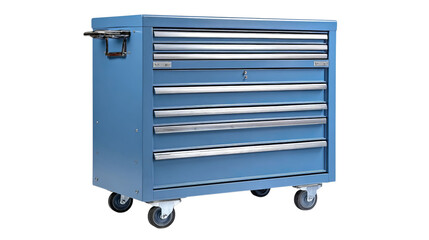 Png of A vibrant blue tool chest on wheels, featuring multiple drawers for organized storage and easy access.