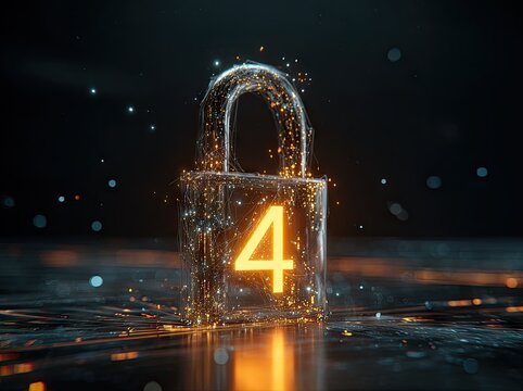 A translucent, glowing padlock with the number 4 embedded, sits on a dark reflective surface, surrounded by sparkling particles