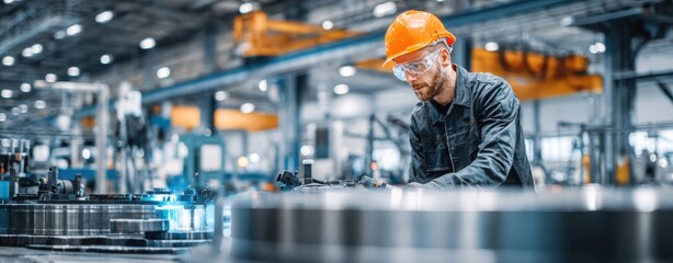 The focused worker in a manufacturing environment with safety gear on
