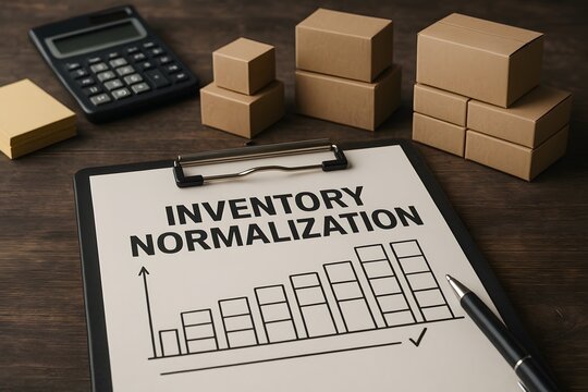 Inventory normalization concept with boxes and chart. 