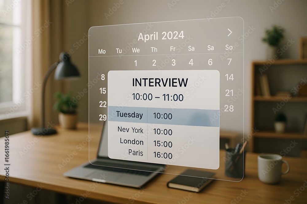 Poster a modern workplace with a digital calendar scheduling an interview.