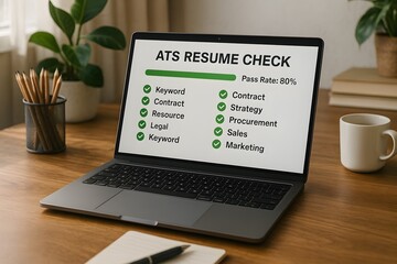 Laptop showing ATS resume check interface. 