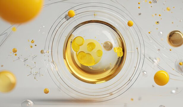 A translucent sphere containing smaller, yellow-gold orbs floats amidst a field of similar, scattered spheres and swirling lines against a light gray background