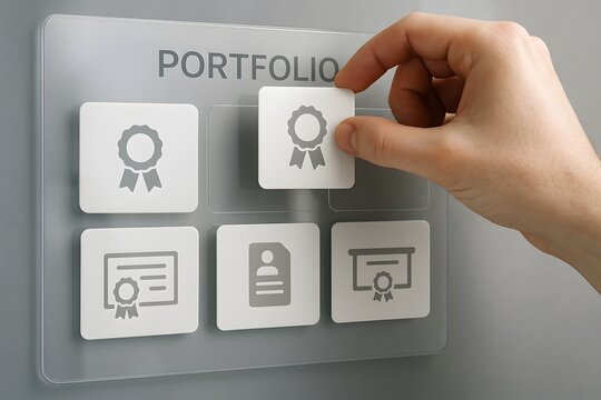 Hand selecting a badge icon from an online portfolio.  - Powered by Adobe