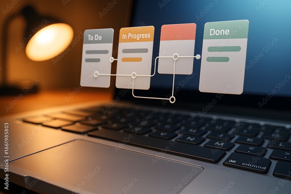 Poster a laptop displaying a project management software interface.