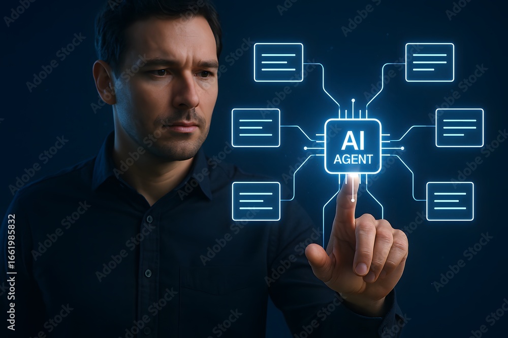 Poster man interacting with an ai agent system.