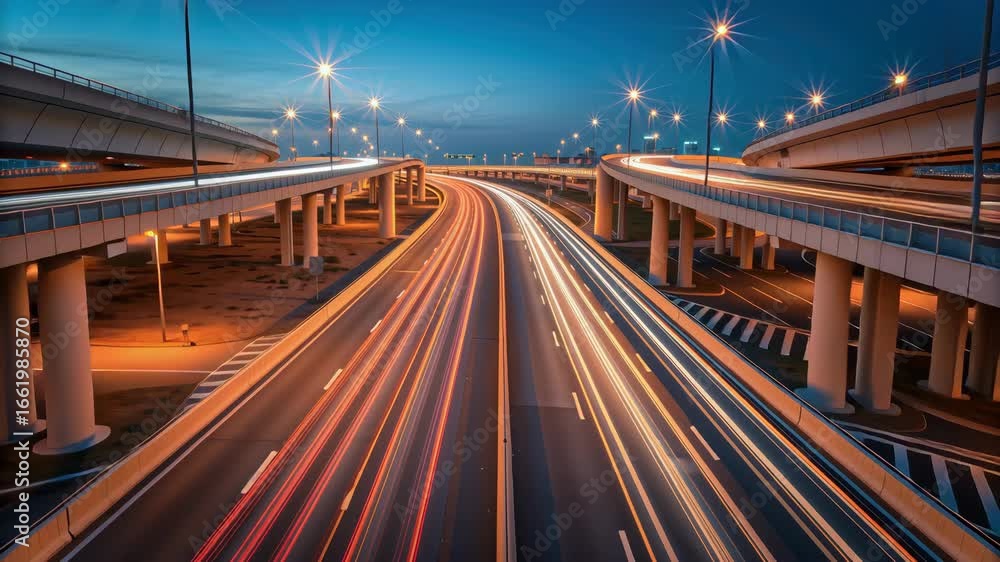 Poster bustling highway interchange at dusk dynamic cityscape with vibrant light trails from fast moving ve