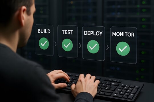 A person's hand is working on a keyboard while displaying a build test deploy monitor process. 
