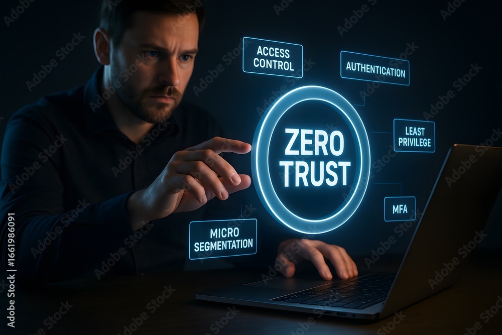 Poster a man interacts with a virtual interface illustrating the concept of zero trust.