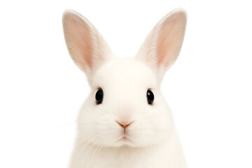 Obraz premium cute white bunny, a captivating close-up of a gentle and innocent rabbit with dark eyes, highlighting its soft and serene features, isolated on a transparent background