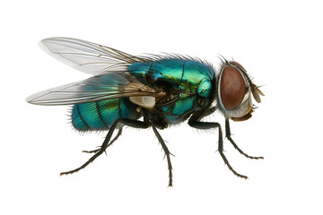 blue green fly, a detailed macro shot of a metallic and iridescent insect, showcasing its unique color and intricate texture, isolated on a transparent background