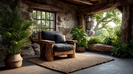 A realistic high-definition photo of a living room with indoor plants and jute rug.