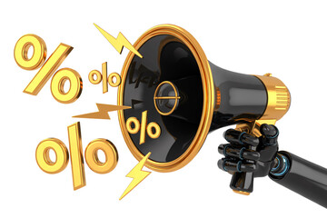 Dynamic sale announcement with megaphone and percentage symbols for promotional visuals transparent background