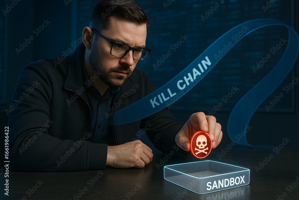 Poster a cybersecurity professional examining a kill chain symbol in a sandbox environment.