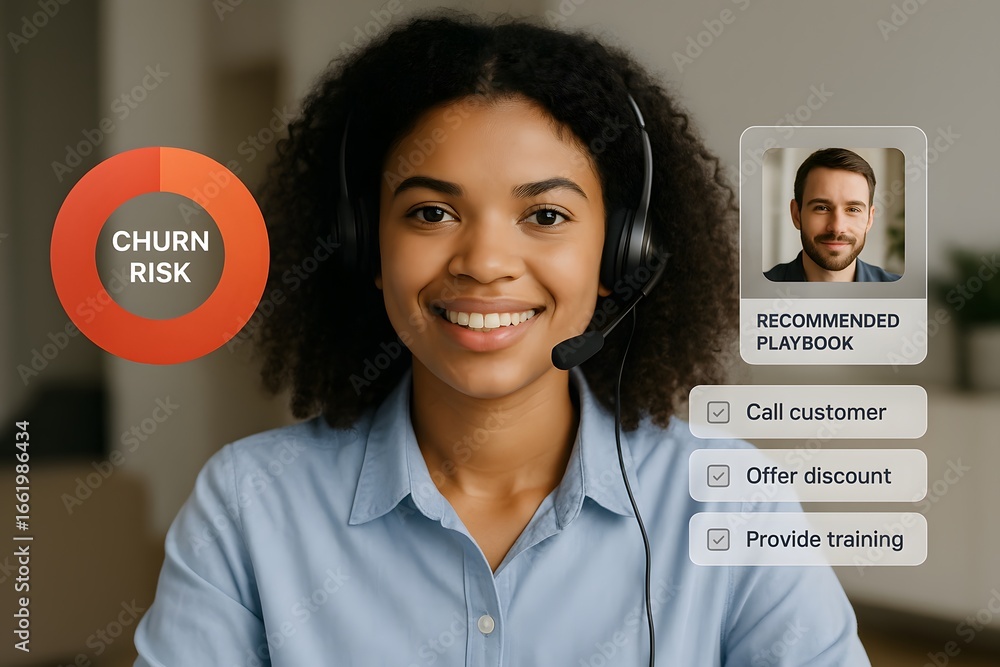 Poster an agent uses customer service features during a video call.