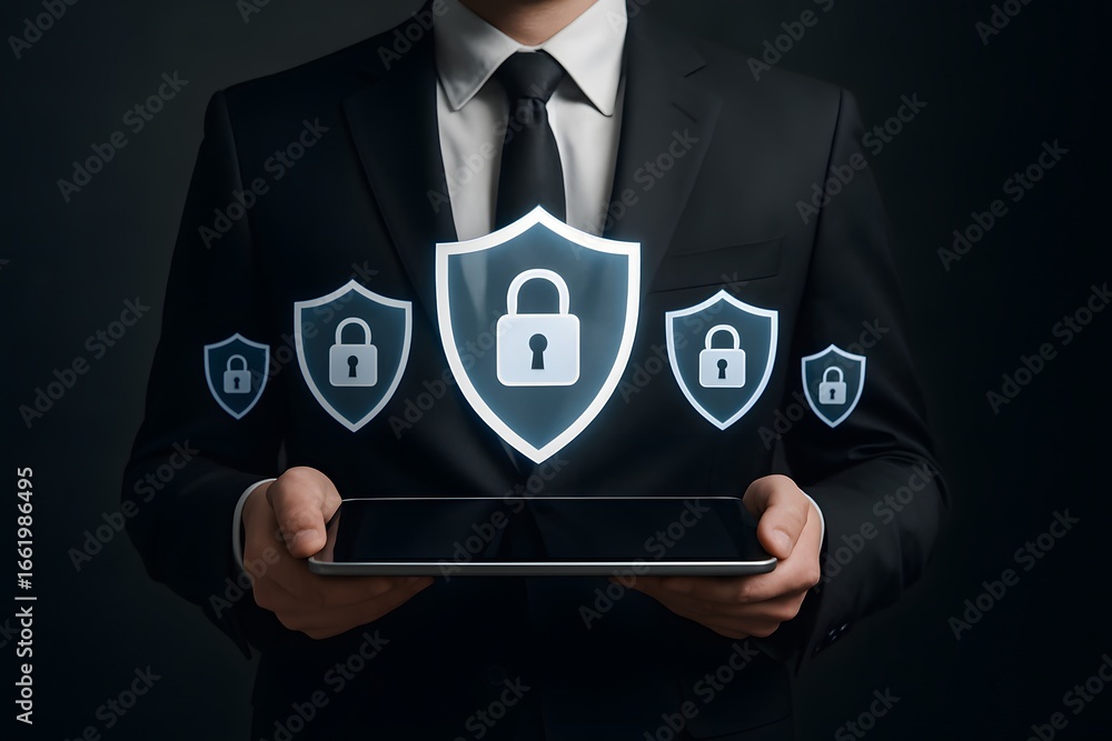 Poster securing data and digital information with shield and lock.