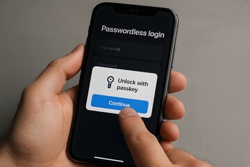 Smartphone interface, user interacting with passwordless login screen. 