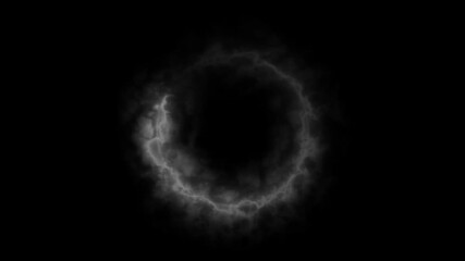 Neon light trail circle with white smoke effect on black background. 4K Video