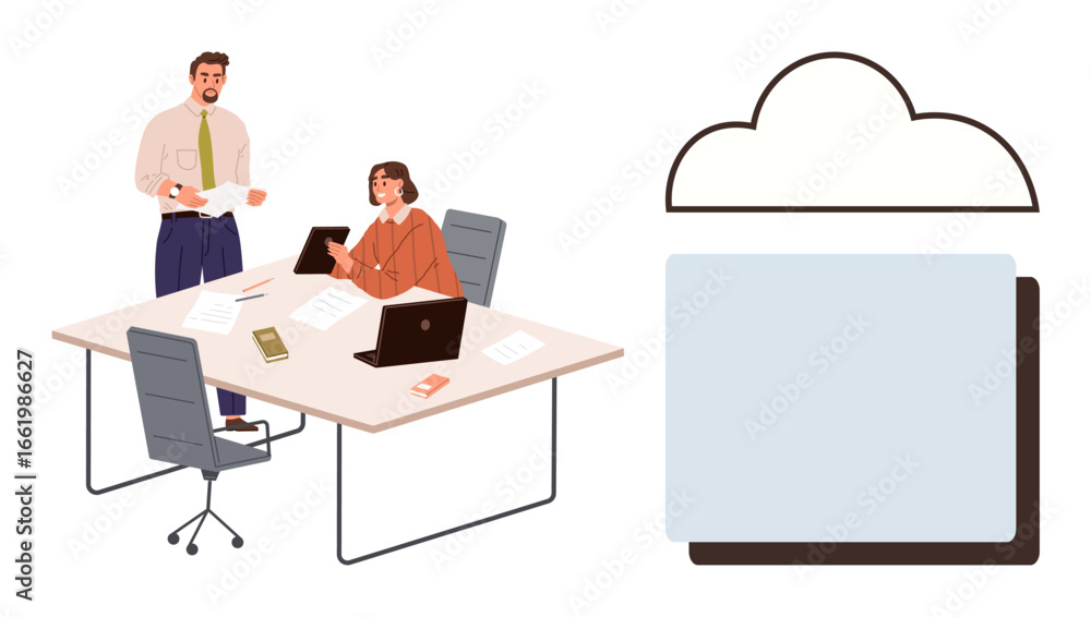 Poster office workers sharing data using laptops and tablets at a desk. large cloud storage graphic emphasi