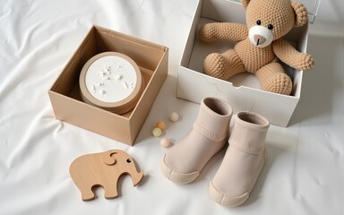 Beige socks with a brown bear, white scratches in a box, a wooden elephant teether and beads next to the bed. The neutral pastel beige color of the accessories. Flatley. High quality