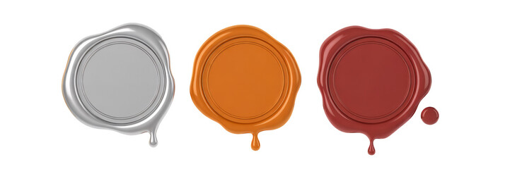 Elegant wax seals in silver, bronze, and burgundy for stylish branding and design transparent background