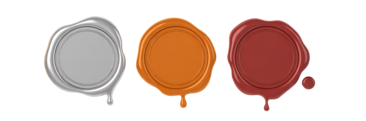 Elegant wax seals in silver, bronze, and burgundy for stylish branding and design transparent background