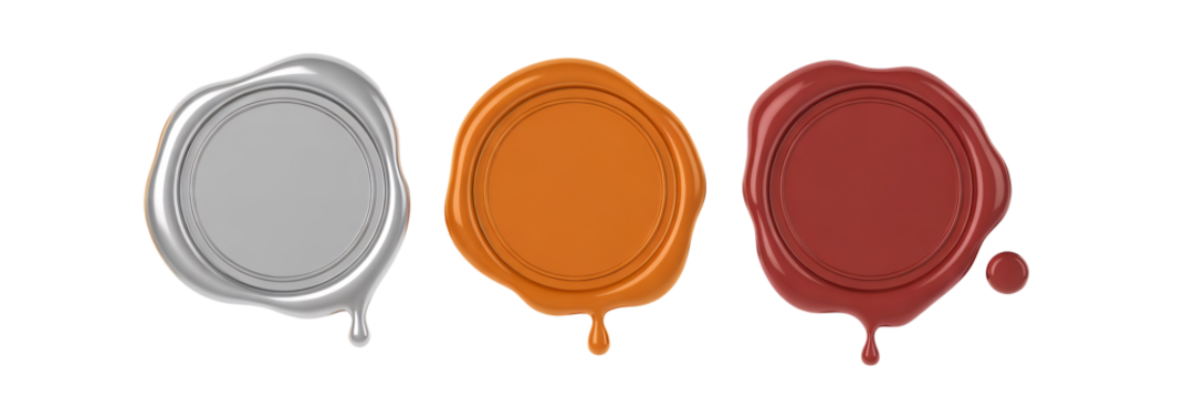 Elegant wax seals in silver, bronze, and burgundy for stylish branding and design transparent background