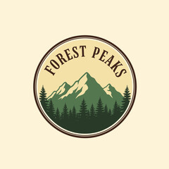A captivating logo featuring a majestic mountain range and lush evergreen forest.  Perfect for outdoor brands.