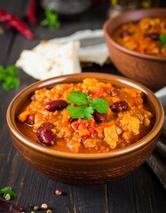 Hearty chili in a rustic bowl, garnished with fresh herbs, sits on a dark wooden table