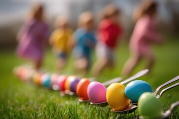 Kids participate in an exciting egg and spoon race during a sunny spring afternoon in a vibrant outdoor setting