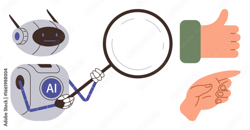 Poster ai robot examining with magnifying glass, thumbs-up for approval, pointing hand for guidance. ideal 