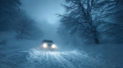 A vehicle drives a snowy, foggy road at night through a snow-covered forest, headlights cutting through the gloom