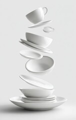 A vertical stack of levitating white ceramic dishes, cups, and saucers against a plain white background; a precarious, balanced arrangement
