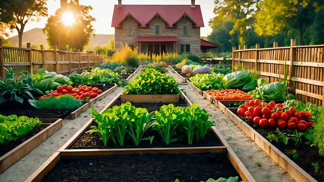 Lush vegetable garden with fresh green plants and colorful produce growing in neat raised beds near country house