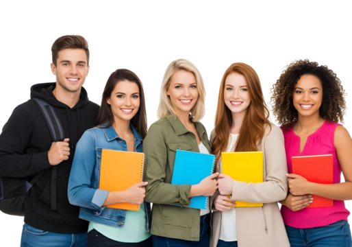 A diverse group of cheerful university students standing together, ready for their academic journey, symbolizing collaboration and youthful success in education.