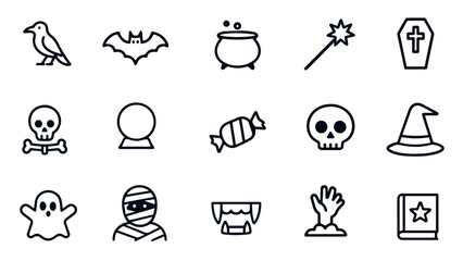 15 Black and White Halloween Icons – Minimal Outline Vector Set