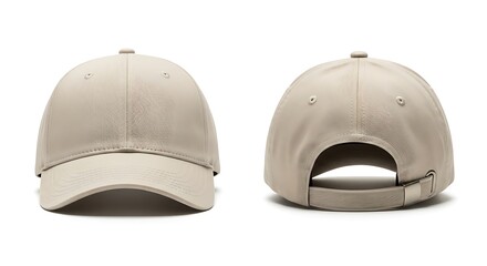 Two views of a plain beige baseball cap on a white background