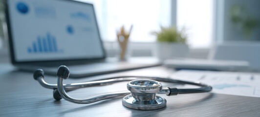 The stethoscope resting on a modern medical office desk amidst healthcare tools.