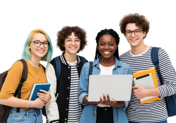 Diverse and enthusiastic young students collaborating on their educational journey, showcasing a bright future and academic success together