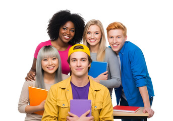 Vibrant and diverse group of enthusiastic young university students smiling broadly, celebrating friendship, academic success, and the joy of collaborative learning experiences.